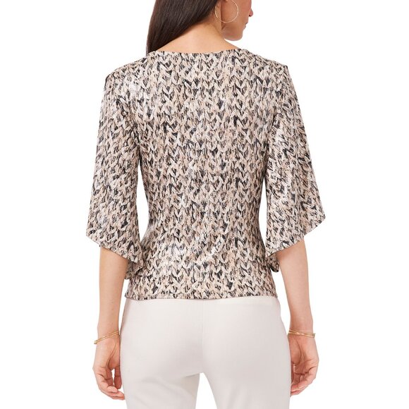 MSK V-Neck Surplice Foil-Knit Top Taupe Black XL B4HP - Picture 2 of 4